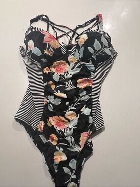 torrid Black Floral & Stripe One-Piece Swimsuit with Pink and Yellow Flowers